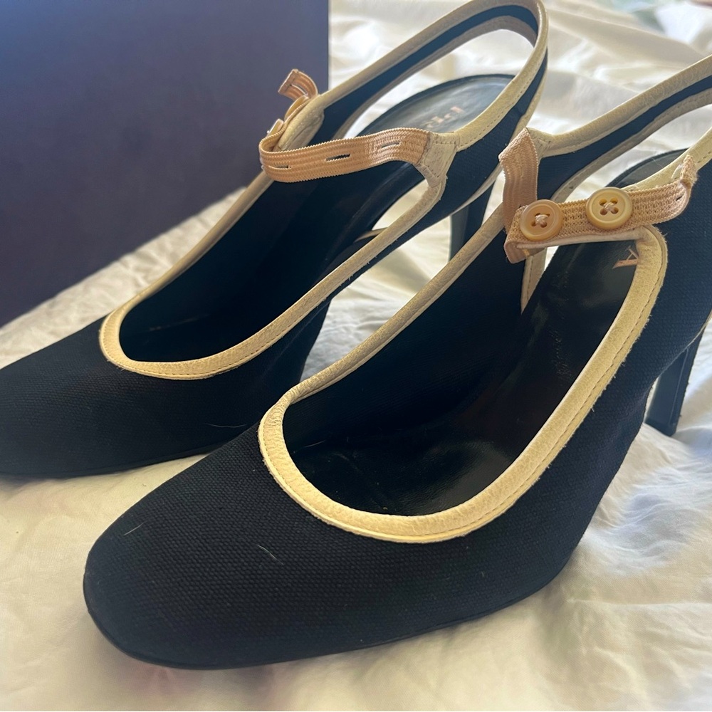 36.5/6.5 Prada Dark Navy/White Piping - 30s/40s style Mary Janes blush strap